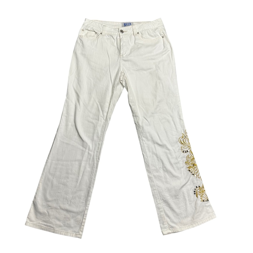 Blue Identity White Embroidered Sequin Flare Jeans Womens 10 Gold Filigree Y2K